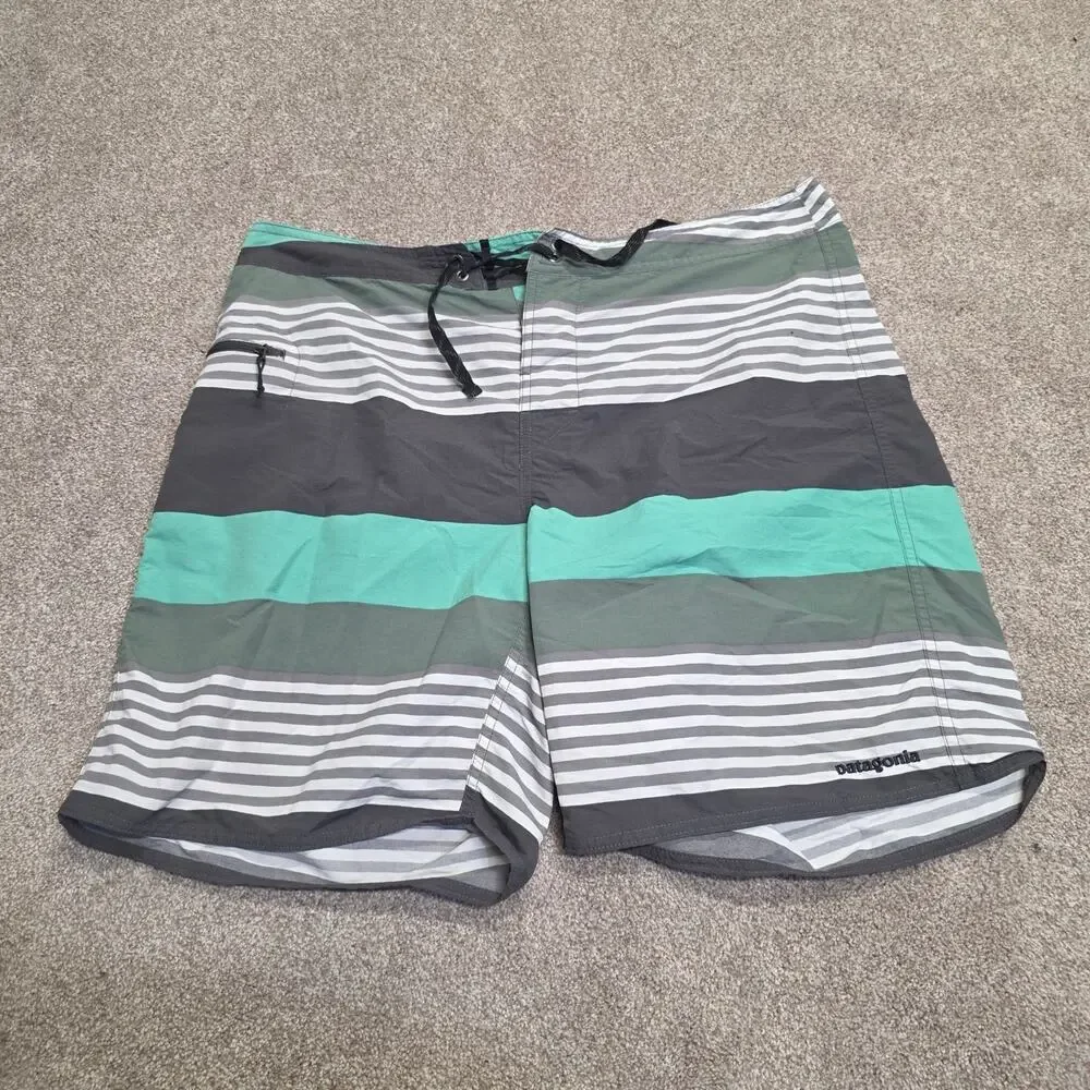 Coastal Surfer Patagonia Men's Board Shorts Size 36 Gray Mint Stripe Nylon